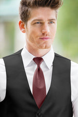 man wearing white shirt, striped rosewood windsor tie and solid black Expressions vest