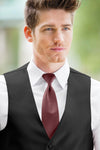 man wearing white shirt, striped rosewood windsor tie and solid black Expressions vest