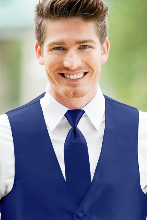 man wearing white shirt, solid royal self-tie Windsor tie, and matching Expressions vest