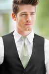 man wearing white shirt, striped sage windsor tie and solid black Expressions vest
