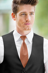 man wearing white shirt, striped silver windsor tie and solid spice Expressions vest