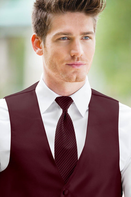 man wearing white shirt, striped wine windsor tie and solid wine Expressions vest